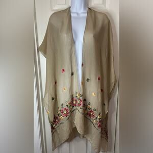 Tan Sheer Embroidered Floral Bohemian Oversized Kimono XL
